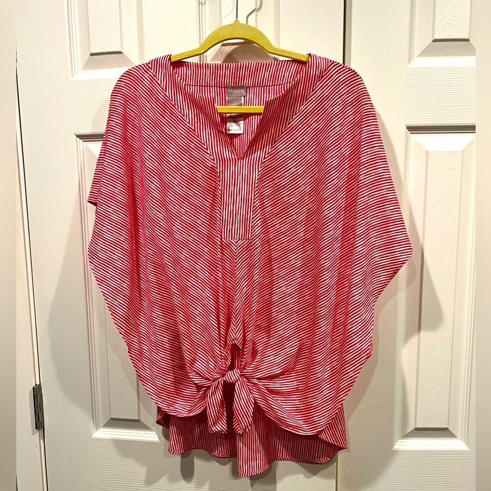 Chicos Brand red and white striped front tie blouse